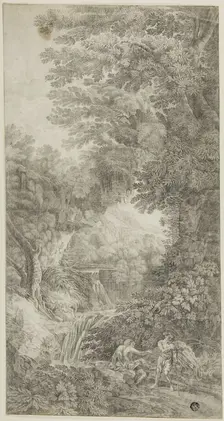 Forest Scene with Waterfall and Two Figures, n.d. Creator: Johann Samuel Bach