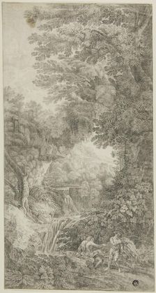 Forest Scene with Waterfall and Two Figures, n.d. Creator: Johann Samuel Bach