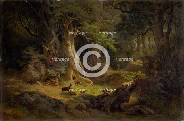 Forest with a herd of deer, 1868. Creator: Gusztav Keleti.