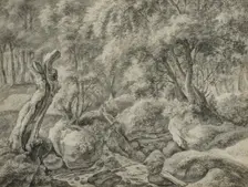 Forest with a stream running between large boulders. Creator: Anthonie Waterloo