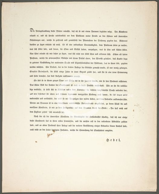 Foreward, from Zehn Blätter zu Hebels Alemannischen Gedichten, 1820.