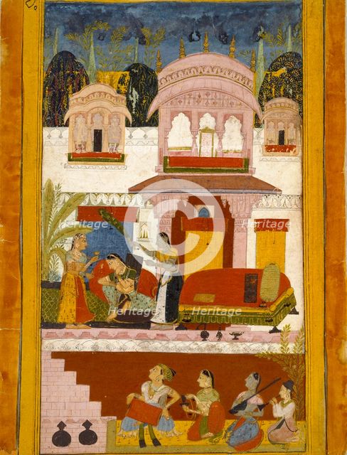 Forlorn lady with maids, illustrating the musical mode Patamanjari Ragini, 1695-1700. Artist: Unknown.