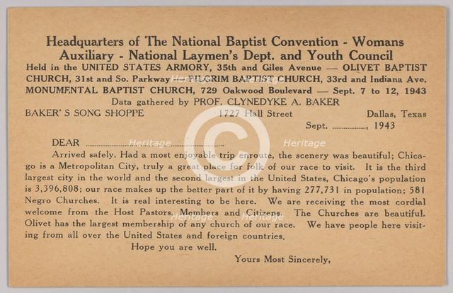 Form letter for National Baptist Convention in Chicago, 1943. Creator: Unknown.