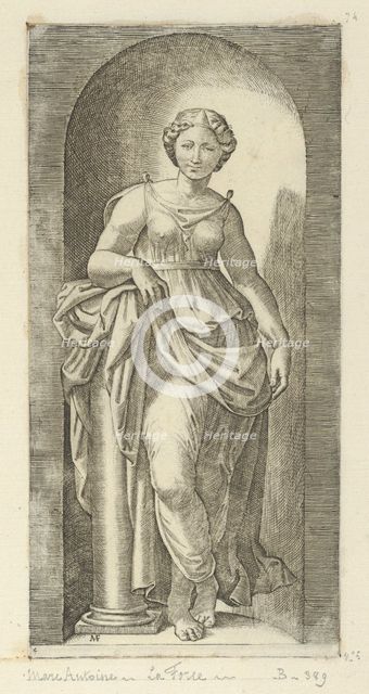 Fortitude or Strength personified by a woman standing in a nice resting her arm on ..., ca. 1515-25. Creator: Marcantonio Raimondi.