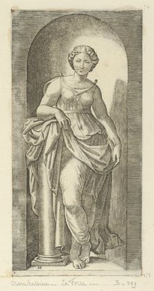 Fortitude or Strength personified by a woman standing in a nice resting her arm on ..., ca. 1515-25. Creator: Marcantonio Raimondi