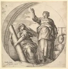 Fortitude and Justice, an allegorical composition in round format, with Fortitude g..., ca. 1530-61. Creator: Battista Franco Veneziano