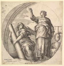 Fortitude and Justice, an allegorical composition in round format, with Fortitude g..., ca. 1530-61. Creator: Battista Franco Veneziano