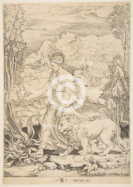 Fortitude in profile view walking toward a fire at left and leading a harnessed lio..., ca. 1515-27. Creator: Marco Dente.