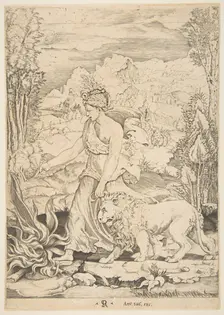 Fortitude in profile view walking toward a fire at left and leading a harnessed lio..., ca. 1515-27. Creator: Marco Dente
