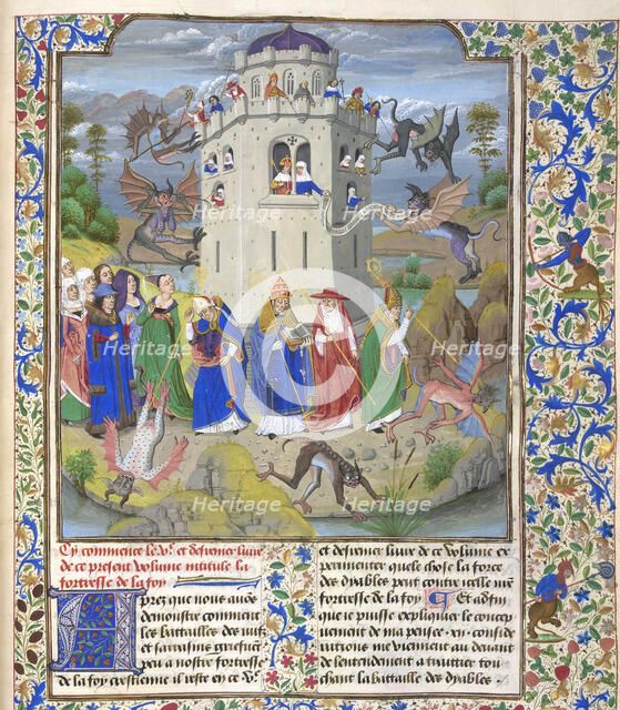 Fortress of Faith (Miniature of the Saints Gregory, Augustine, Jerome, and Ambrose fighting demons), Late 15th cen.. Artist: Liédet, Loyset (1420-1479)