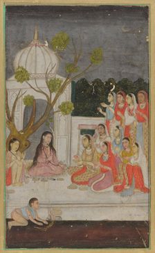 Fortune-telling; a group of women on a terrace at night, 18th century. Creator: Unknown