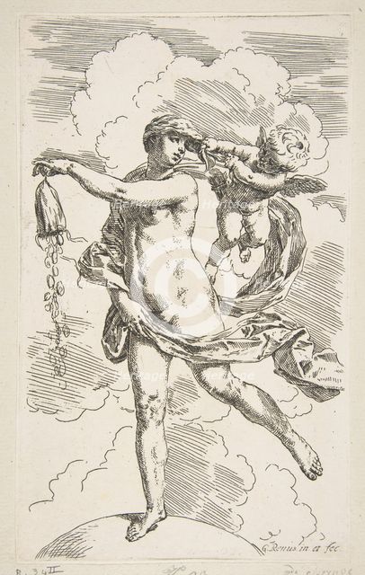 Fortune standing on a globe emptying a purse of coins, ca. 1635-1636. Creator: Simone Cantarini.