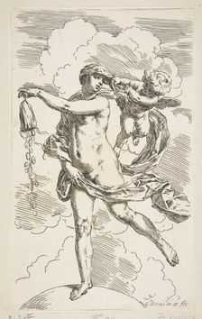 Fortune standing on a globe emptying a purse of coins, ca. 1635-1636. Creator: Simone Cantarini
