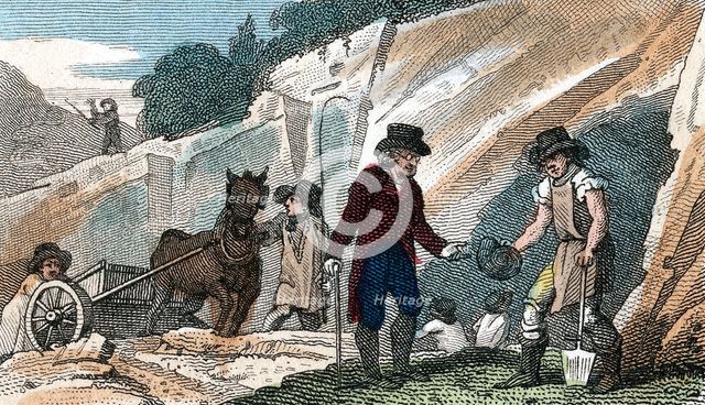 Fossil hunting in Cherry Hinton chalk pit, Cambridgeshire, 1822. Creator: Unknown.