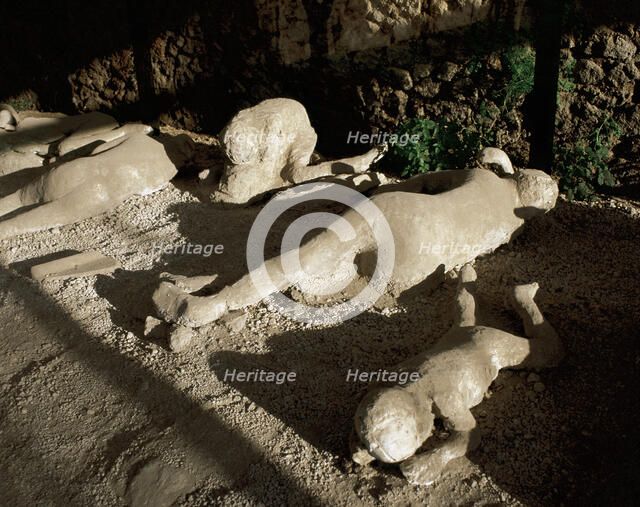 Fossilised corpses found in the Garden of the Fugitives, Pompeii, Campania, Italy, 2008. Creator: LTL.