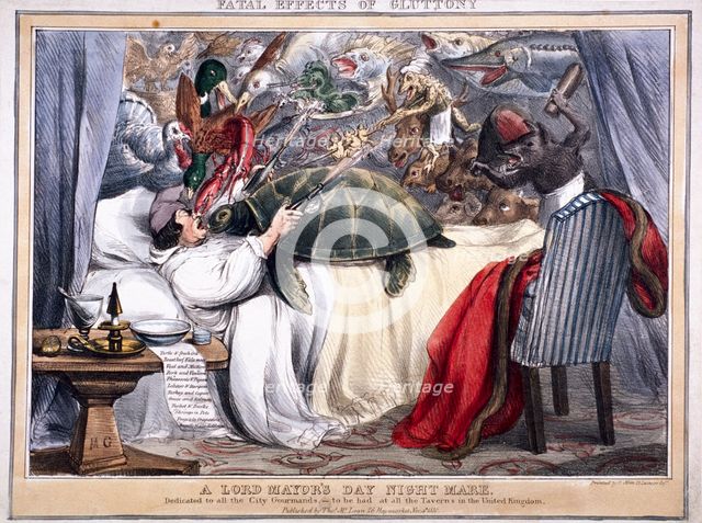 'Fatal effects of gluttony, a Lord Mayor's Day night mare', 1830. Artist: Anon