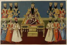 Fath Ali Shah enthroned with his sons, 1816-1820. Creator: Abdallah Khan