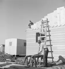 Father and son, recent migrants to California, building house, Salinas, California, 1939. Creator: Dorothea Lange