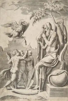 Father Time at the right leaning on a scythe, three naked boys and eagle at the left, 1..., 1531-76. Creator: Giulio Bonasone