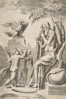 Father Time at the right leaning on a scythe, three naked boys and eagle at the left, 1..., 1531-76. Creator: Giulio Bonasone