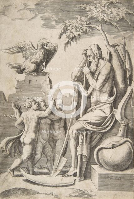Father Time at the right leaning on a scythe, three naked boys and eagle at the left, 1..., 1531-76. Creator: Giulio Bonasone.