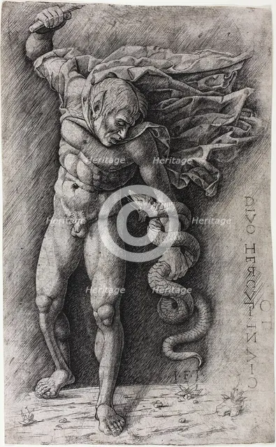 Faun Attacking a Snake, c.1500. Creator: School of Andrea Mantegna.