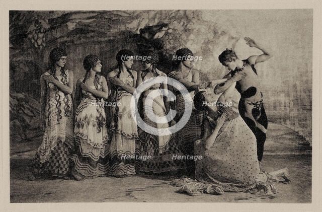 Faun (Nijinsky) and five maenads. Scene from the Nijinsky ballet "The Afternoon of a Faun", 1912. Creator: De Meyer, Baron Adolphe Edward Sigismund (1868-1946).