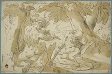 Faun playing flute sleeping shepherd (Merkurius o Argus). Creator: Abraham Bloemaert