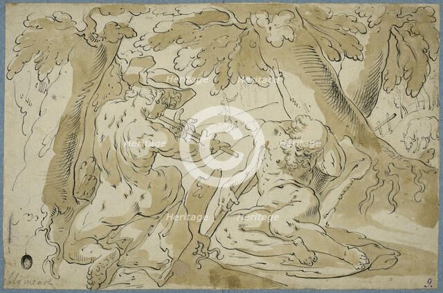 Faun playing flute sleeping shepherd (Merkurius o Argus). Creator: Abraham Bloemaert.