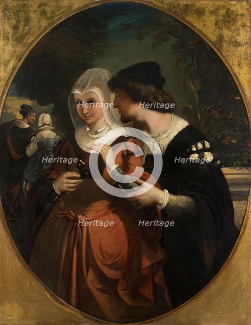 Faust and Mephisto with Gretchen and Frau Marthe in the garden, 1839. Creator: Auguste Barthelemy Glaize.
