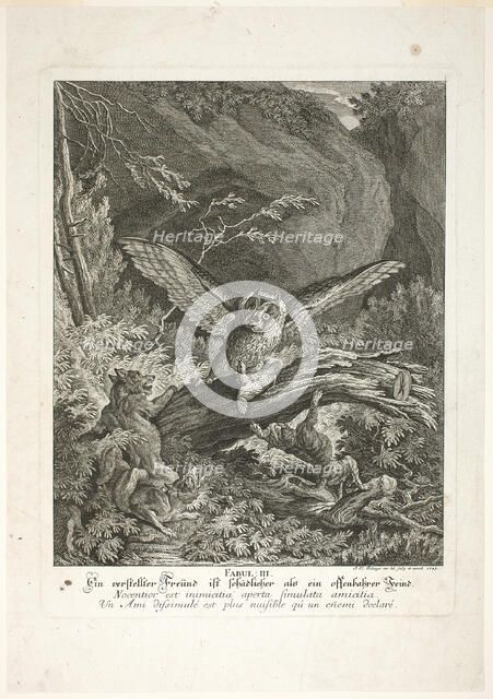 Fable III, plate three from Lehrreiche Fabeln aus dem Reiche der Theire, 1743. Creator: Johann Elias Ridinger.