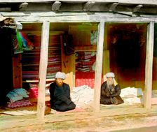 Fabric merchants in the Registan, Samarkand, between 1905 and 1915. Creator: Sergey Mikhaylovich Prokudin-Gorsky