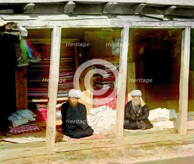 Fabric merchants in the Registan, Samarkand, between 1905 and 1915. Creator: Sergey Mikhaylovich Prokudin-Gorsky.