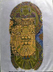 Fabric of green eagles made in silk, with a bow loom, Hispano-Arab, from the Cathedral of Bar…