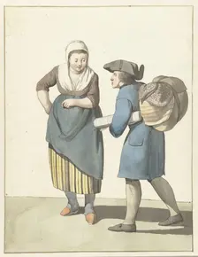 Fabric seller negotiating with a woman, 1700-1800. Creator: W. Barthautz