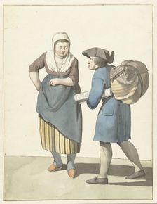 Fabric seller negotiating with a woman, 1700-1800. Creator: W. Barthautz