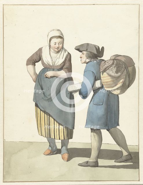 Fabric seller negotiating with a woman, 1700-1800. Creator: W. Barthautz.
