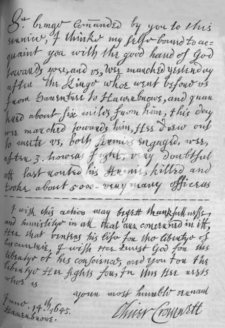 ''Fac-Simile of Letter by Cromwell to Lenthall, announcing Victory of Naseby',  1649, (1845).  Artist: Oliver Cromwell.