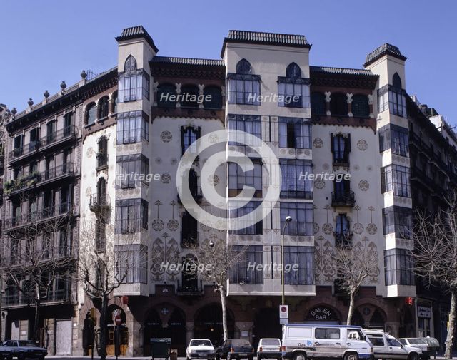 Façade of Manuel Llopis i Bofill House in Bailen - Valencia streets in Barcelona, designed by Ant…