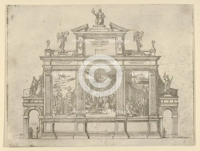 Facade of a triumphal monument with three scenes depicting deeds of Pope Clement VIII, a t..., 1598. Creator: Guido Reni.