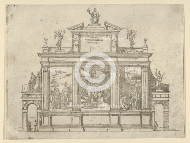 Facade of a triumphal monument with three scenes depicting deeds of Pope Clement VIII, a t..., 1598. Creator: Guido Reni.