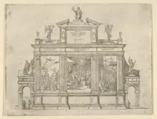 Facade of a triumphal monument with three scenes depicting deeds of Pope Clement VIII, a t..., 1598. Creator: Guido Reni