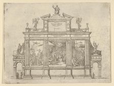 Facade of a triumphal monument with three scenes depicting deeds of Pope Clement VIII, a t..., 1598. Creator: Guido Reni