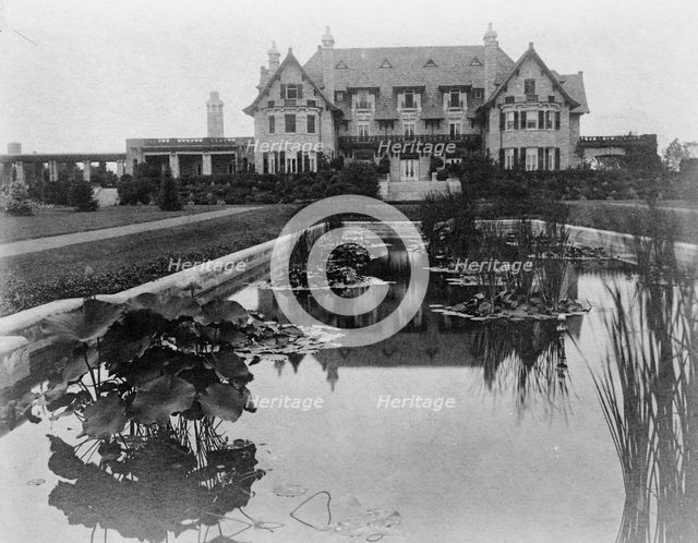 Facade of home of Edmund Cogswell Converse, with lily pond in..., Greenwich, Connecticut, 1908. Creator: Frances Benjamin Johnston.