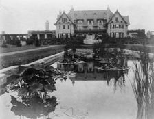 Facade of home of Edmund Cogswell Converse, with lily pond in..., Greenwich, Connecticut, 1908. Creator: Frances Benjamin Johnston