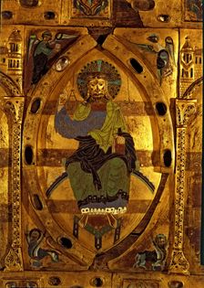 Façade of Silos made of enameled copper plates on oak wood. It was part of the sepulchral ark of …