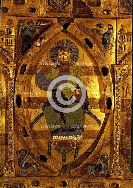 Façade of Silos made of enameled copper plates on oak wood. It was part of the sepulchral ark of …