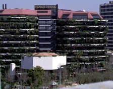 Façade of the building that was the headquarters of the former Banca Catalana (1965-1968) on the …