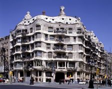 Façade of the Mila House, known as La Pedrera 1905 at the Paseo de Gracia in Barcelona. Work b…