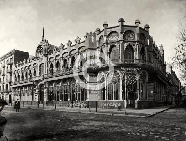 Façade of the modernist building where the dome of the building of the Hotel-Restaurant Columbus …